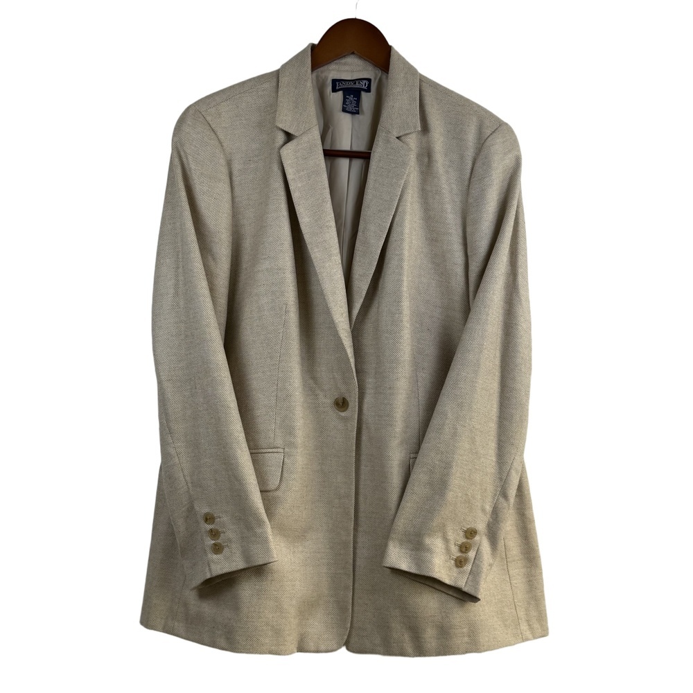 Lands’‎ End Wool Silk Linen Blend Blazer Women’s 16R Beige One Button Classic